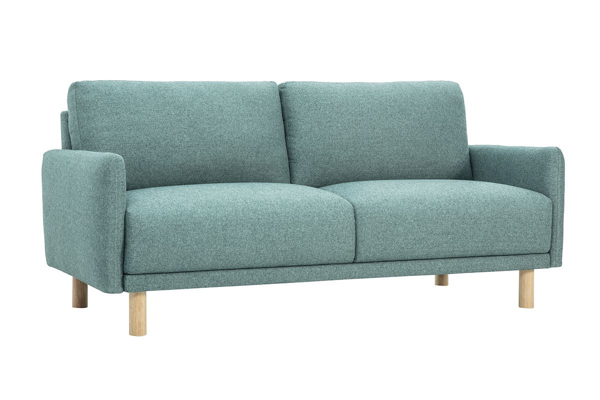 Dreisitzer-Sofa in gr�ngrauem Stoff mit hellen Holzbeinen, Ansicht 3/4.