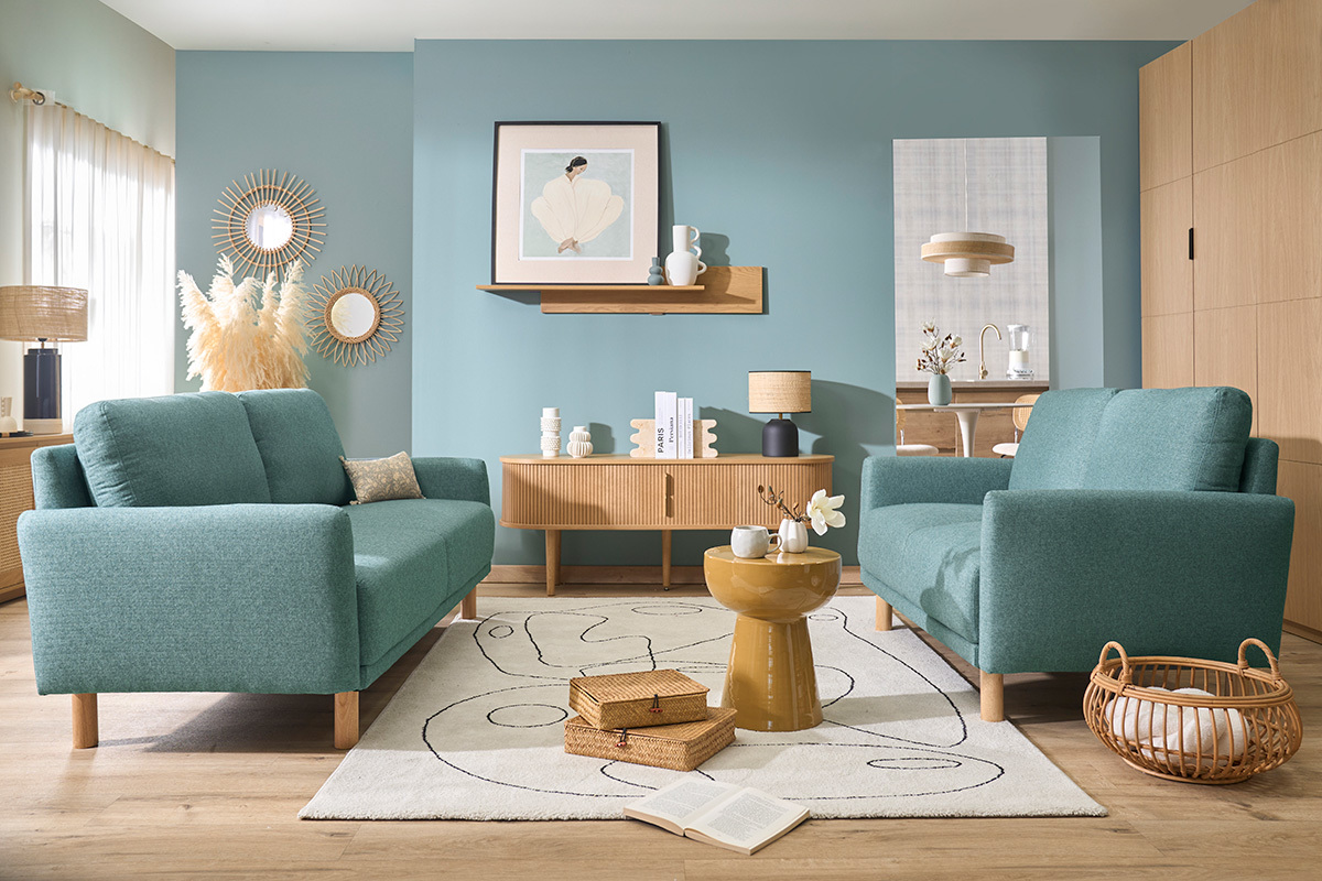 Designersofa 3-Sitzer in Graugr�nem Stoff und hellem Holz BONO
