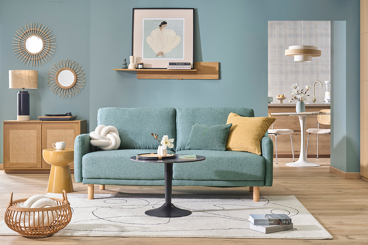 Designersofa 3-Sitzer in Graugr�nem Stoff und hellem Holz BONO