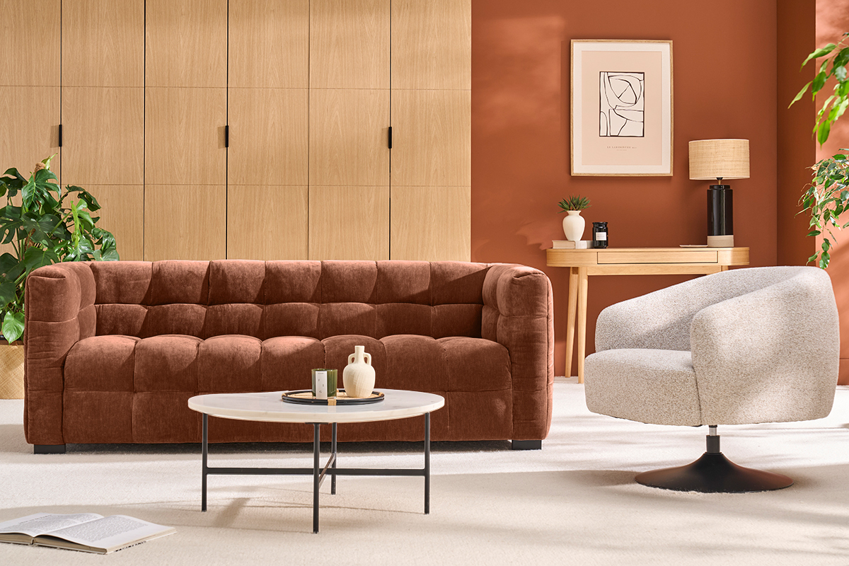 Designersofa 3-Sitzer in Rostbraun Samtstoffeffekt CORTO