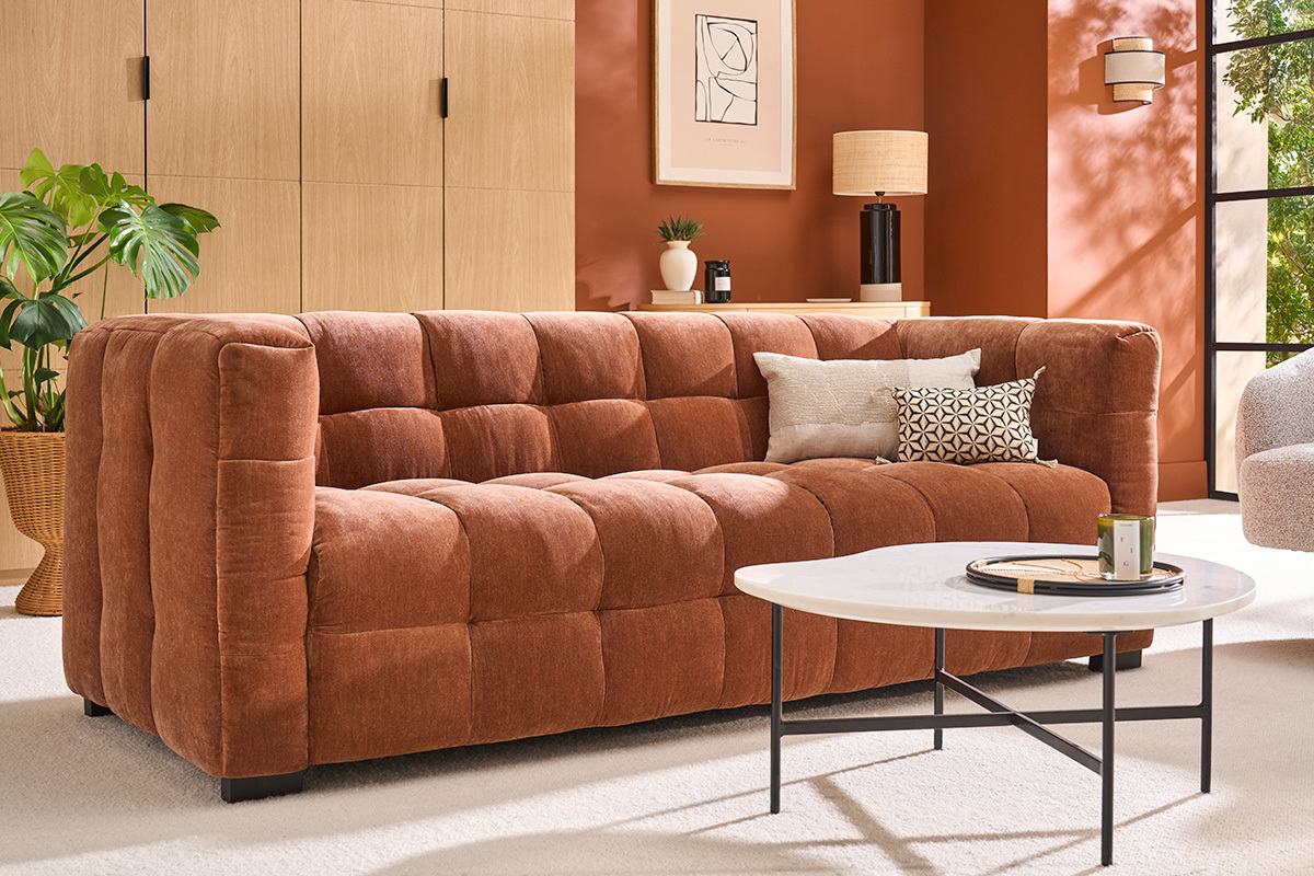 Designersofa 3-Sitzer in Rostbraun Samtstoffeffekt CORTO