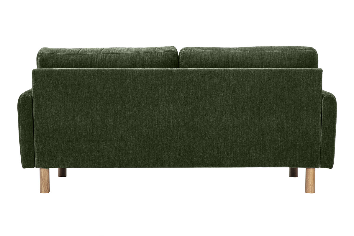 Kaki-gr�nes Samtsofa, R�ckenansicht, mit hellen Holzbeinen.