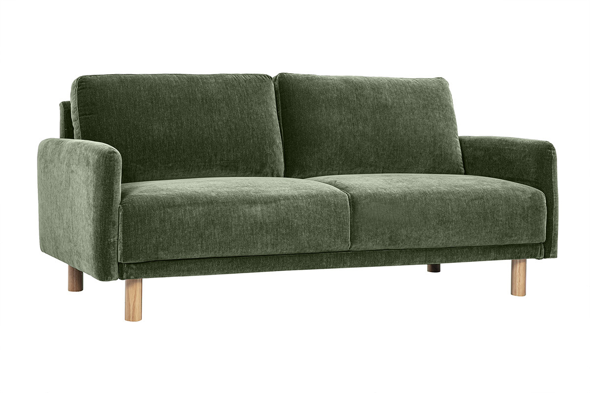 Dreisitzer-Sofa aus Stoff in Kaki-Gr�n mit hellen Holzbeinen, Ansicht von 3/4.