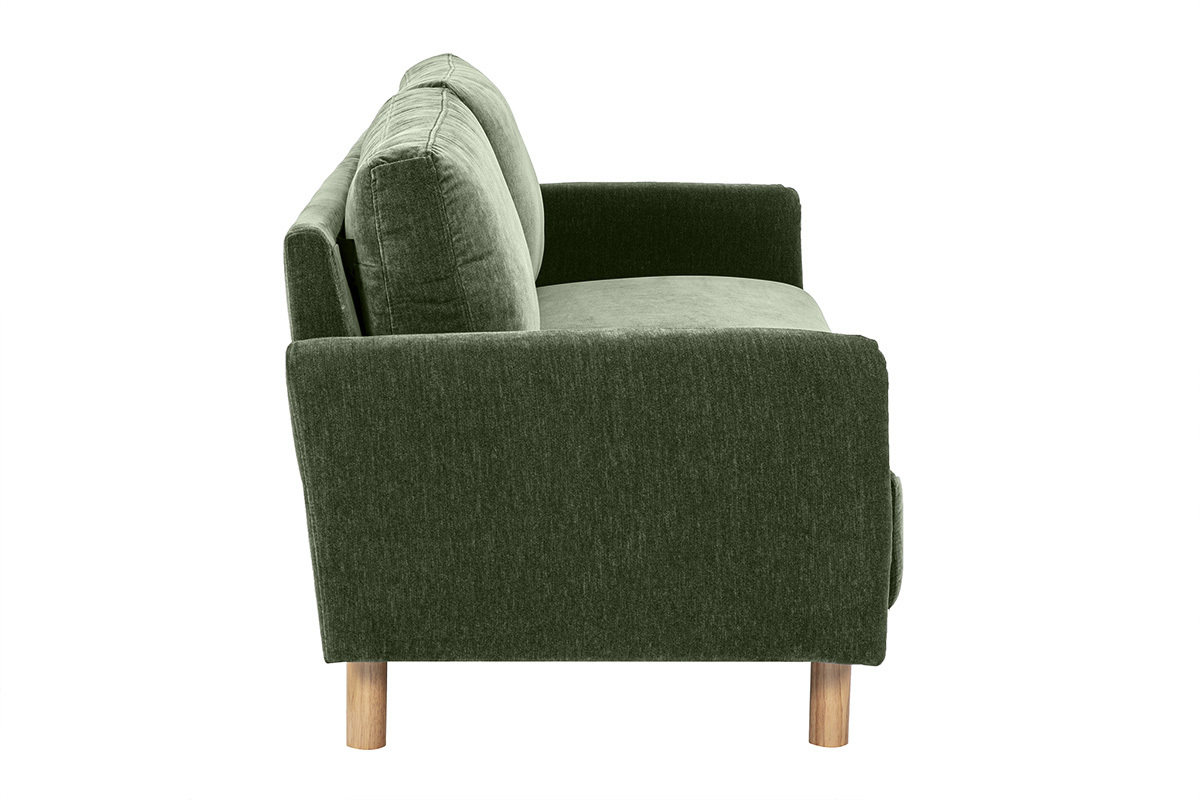 Dreisitzer-Sofa aus khakifarbenem Stoff und mit hellen Holzbeinen, Seitenansicht.