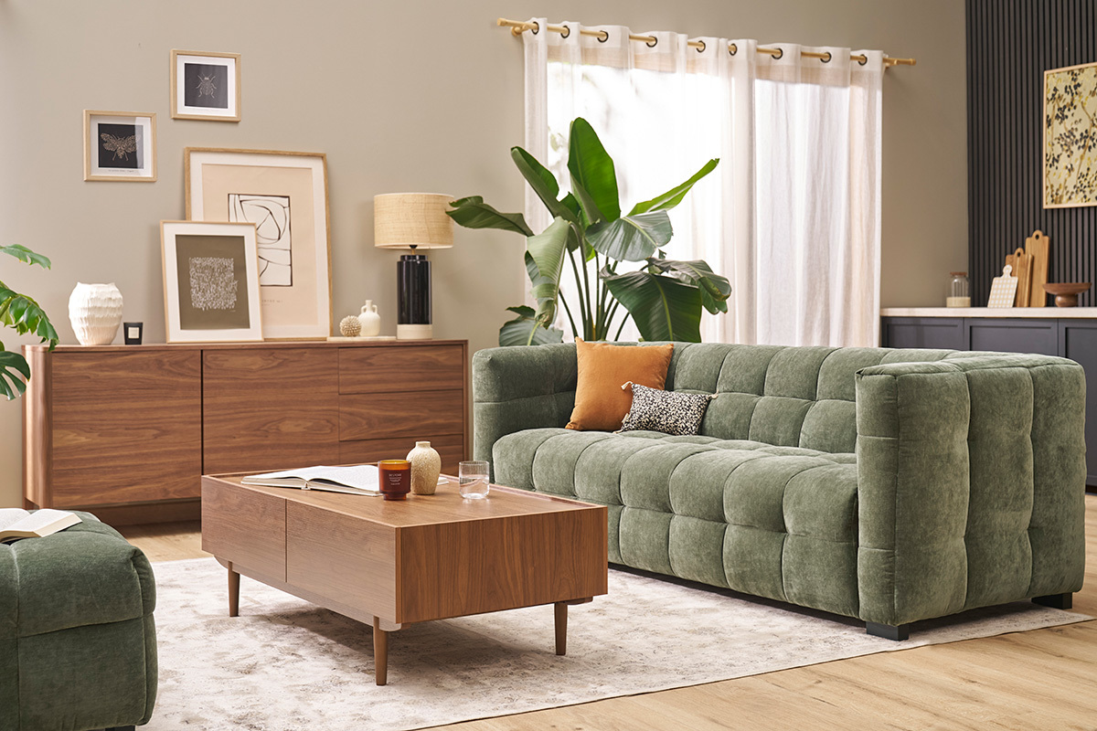 Designersofa 3-Sitzer in Samtoptik Stoff khakigrn CORTO