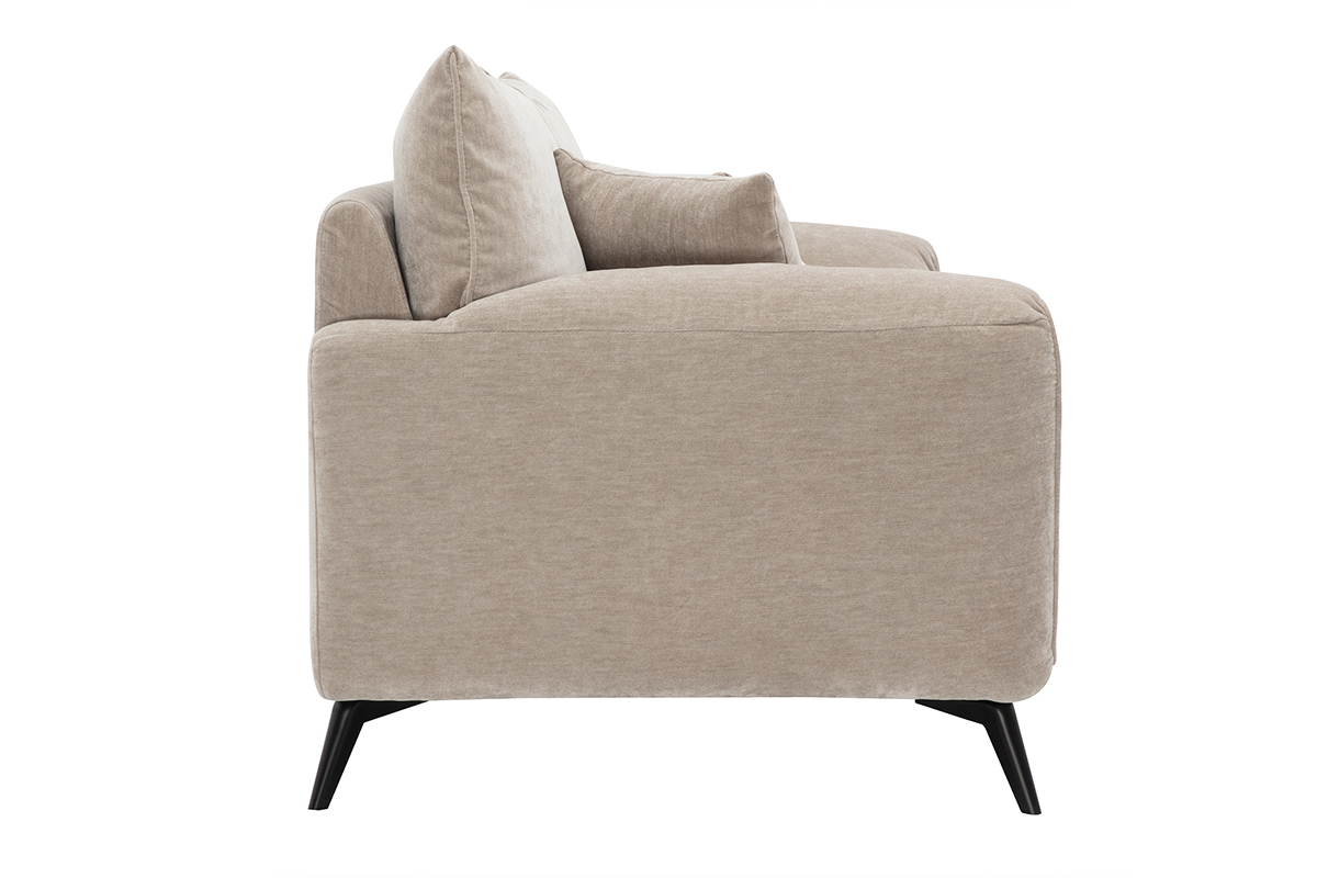 Dreisitzer-Sofa in Taupe aus Samtstoff, Seitenansicht, schwarze Metallbeine.