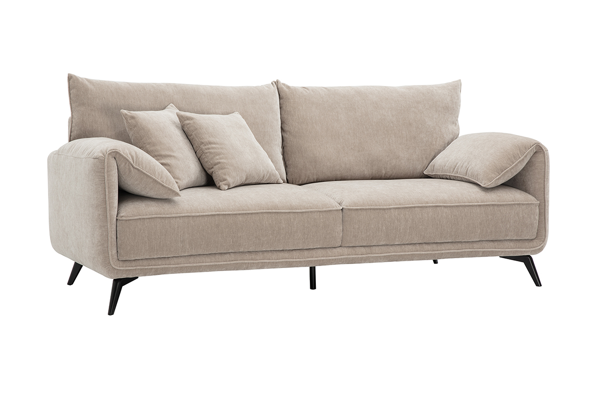 3-Sitzer Sofa in taupefarbenem Samteffekt-Stoff mit schwarzen Metallf��en, Ansicht von 3/4.