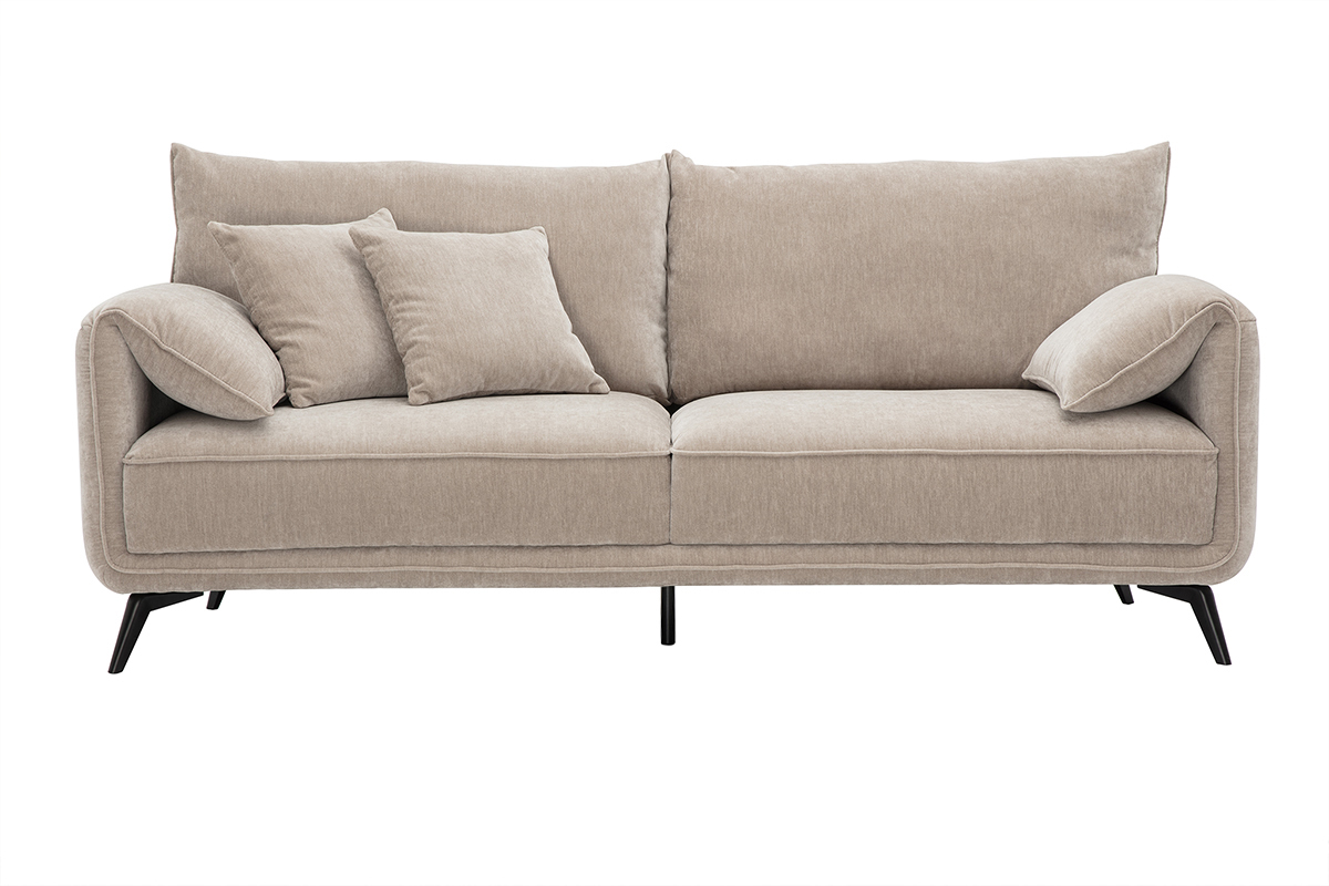 Designersofa 3-Sitzer in taupefarbenem Samt-Effekt Stoff und schwarzem Metall TANTOR