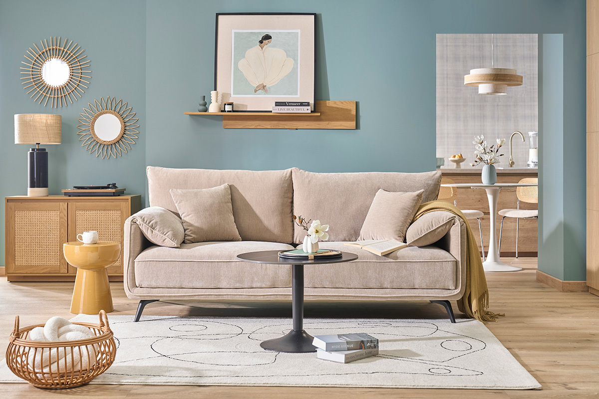 Designersofa 3-Sitzer in taupefarbenem Samt-Effekt Stoff und schwarzem Metall TANTOR