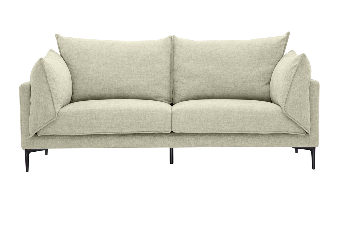 Beige Dreisitzer-Sofa in Samtoptik mit schwarzen Metallf��en, Frontansicht.