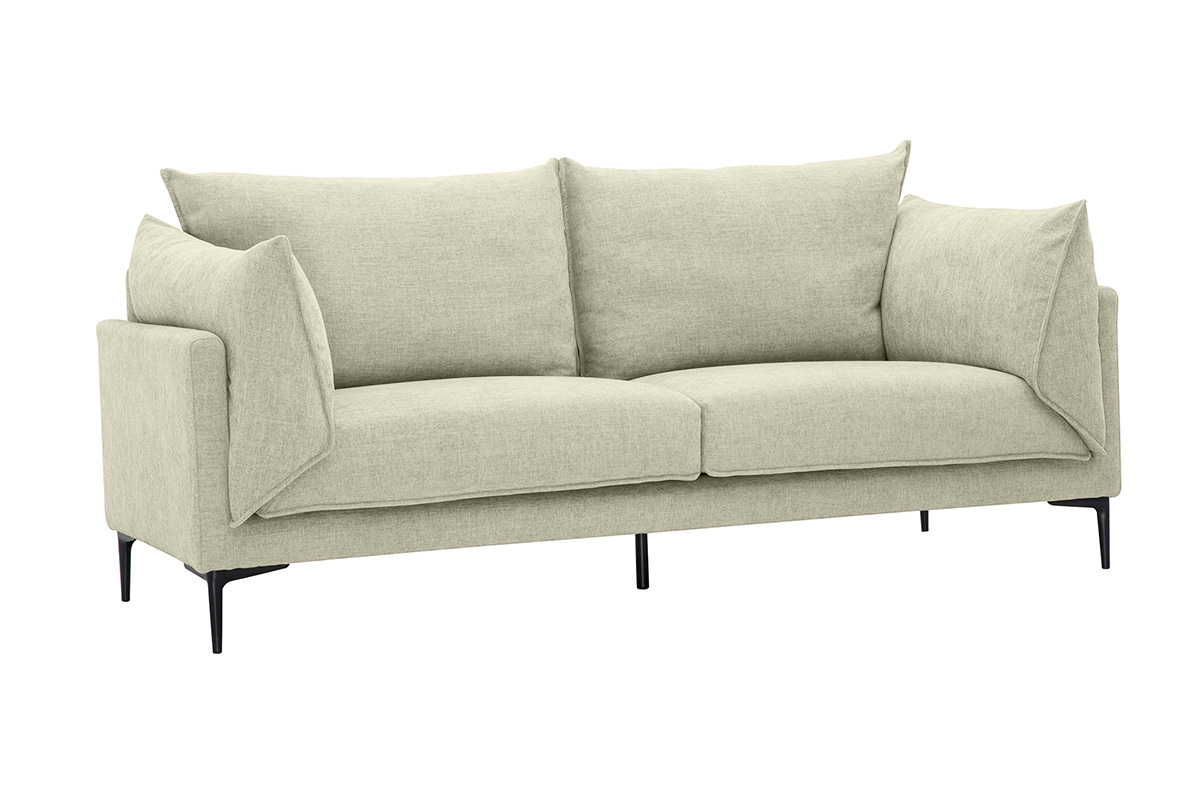 Beige Dreisitzer-Sofa aus Samteffekt-Stoff und schwarzen Metallf��en, Ansicht von 3/4.