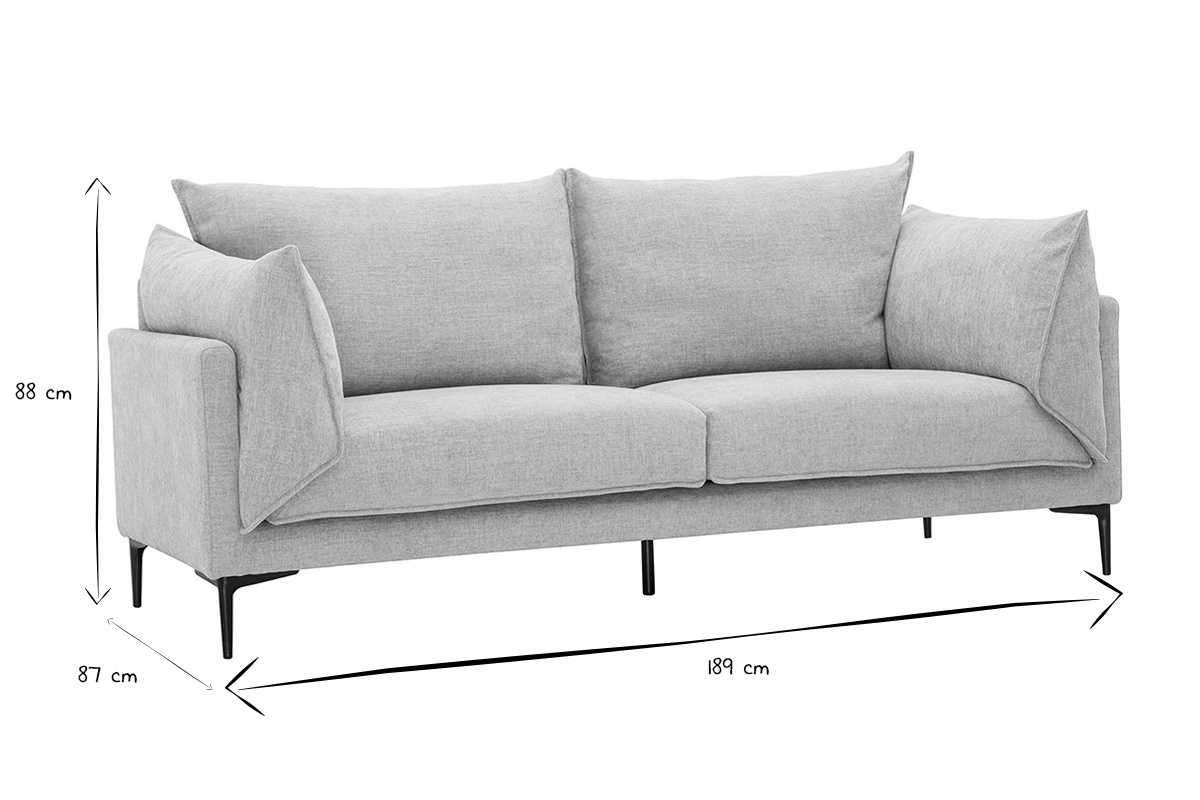 Abmessungen des MARIUS-Sofas, 88 cm hoch, 189 cm breit, 87 cm tief, schwarz und wei�.