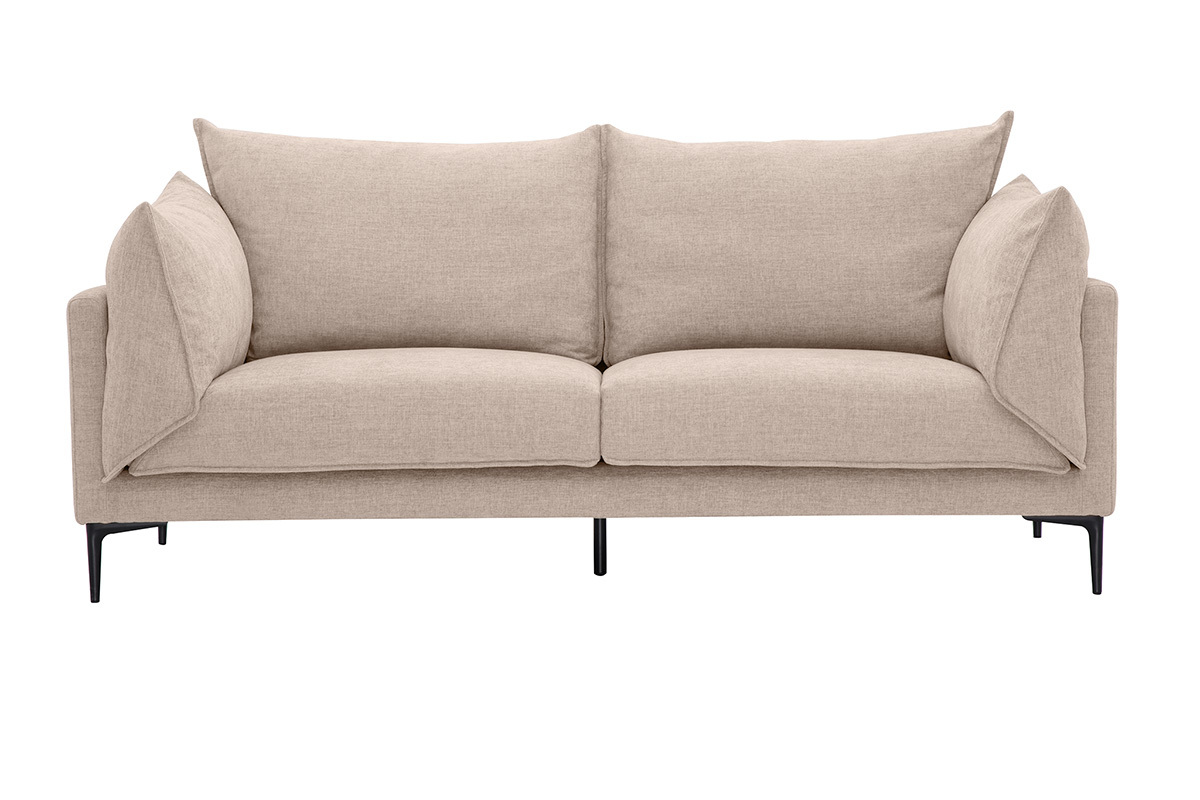Design-Sofa f�r 3 Personen aus beigem Stoff in Samtoptik mit schwarzen Metallf��en, Frontansicht.