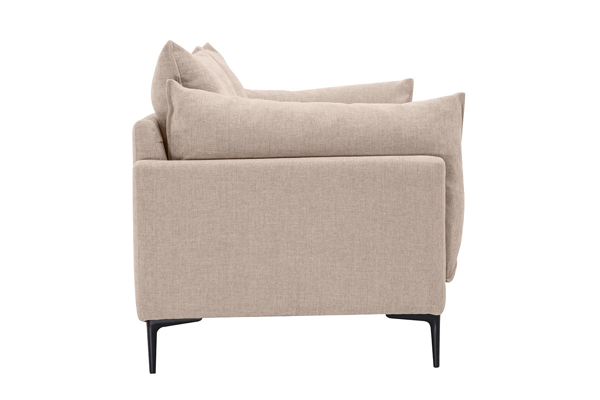 3-Sitzer-Designsofa in Beige aus Stoff in Samtoptik, Seitenansicht mit Armlehnen und schwarzen Metallbeinen.