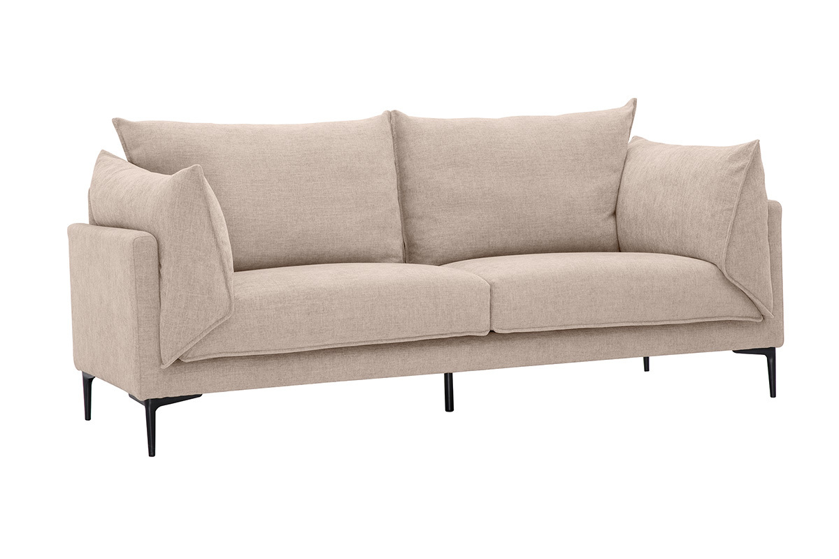 Design-Sofa f�r 3 Personen aus beigefarbenem Stoff mit Armlehnen, schwarzen Metallf��en, 3/4-Ansicht.