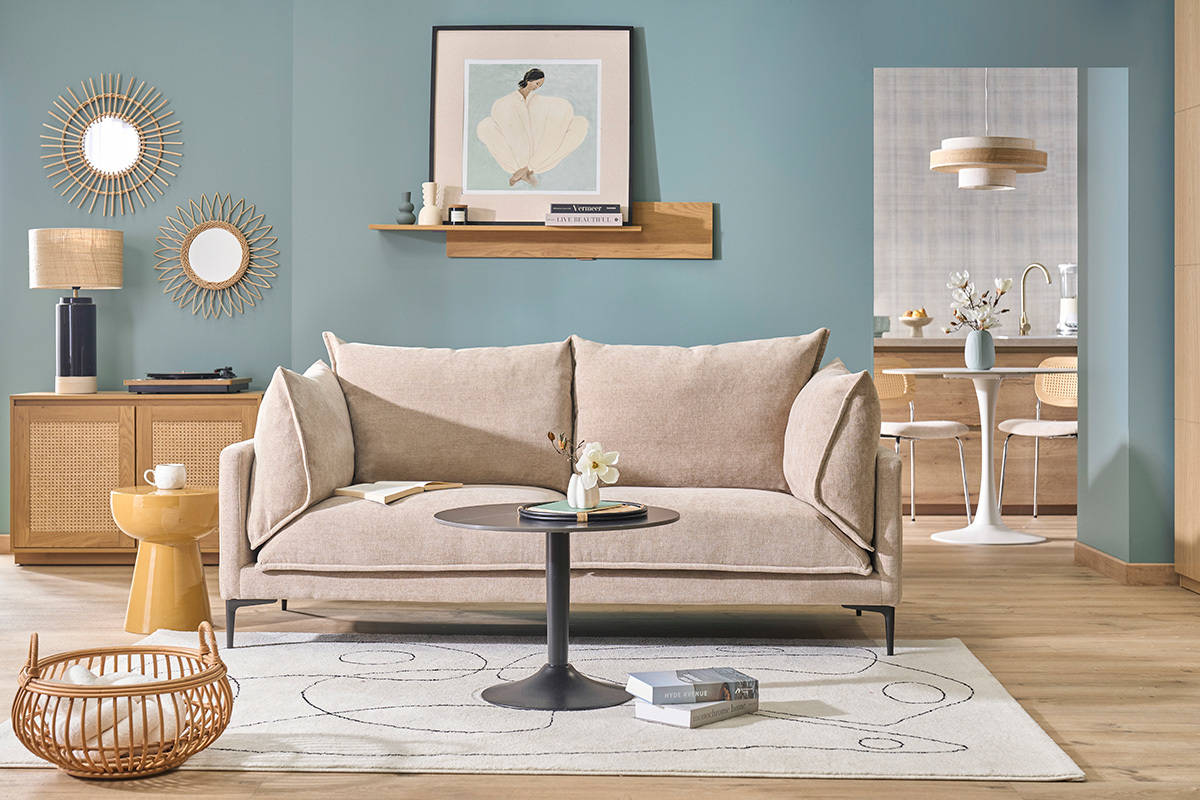 Designersofa 3-Sitzer in Texturbezug Samteffekt beige und Metall schwarz MARIUS