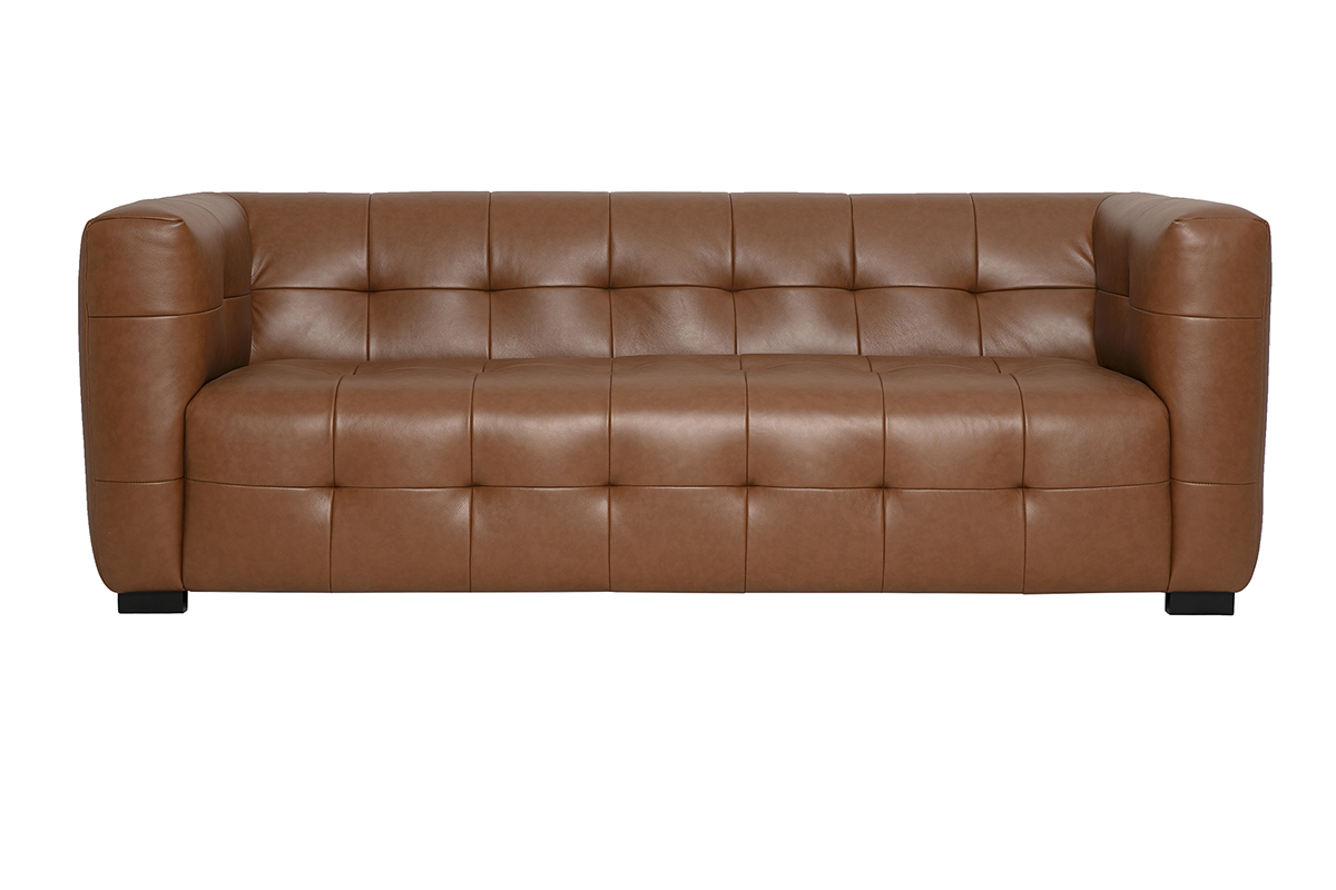 Designersofa mit 3 Sitzen aus braunem Leder, Frontansicht.
