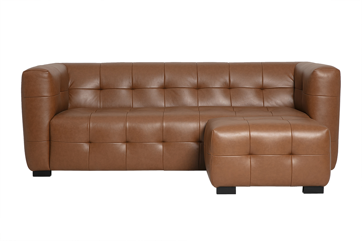 Designersofa f�r 3 Personen und Fu�st�tze aus braunem Leder CORTO, Frontansicht.