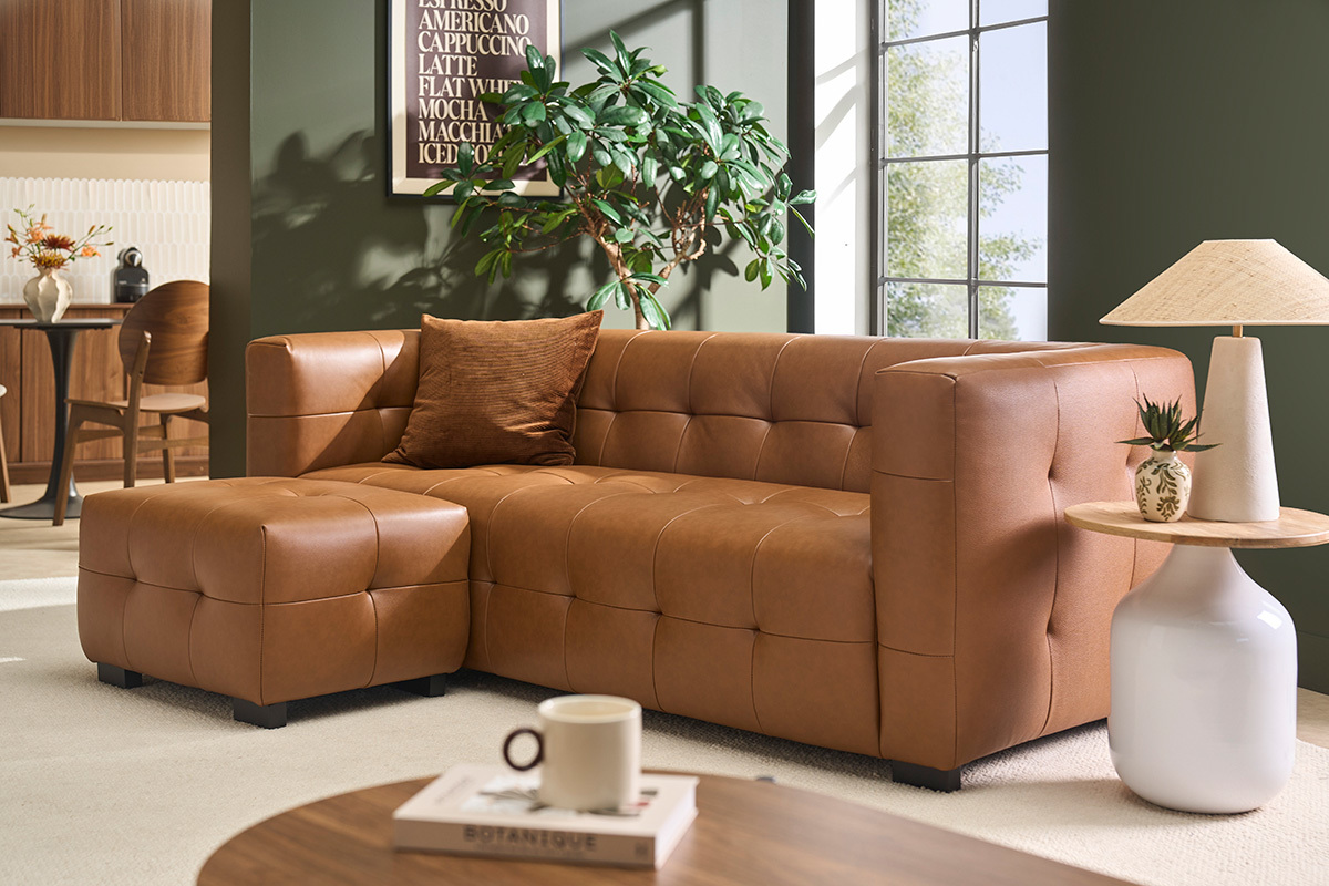 Designersofa 3-Sitzer und Leder-Fu�hocker in Braun CORTO