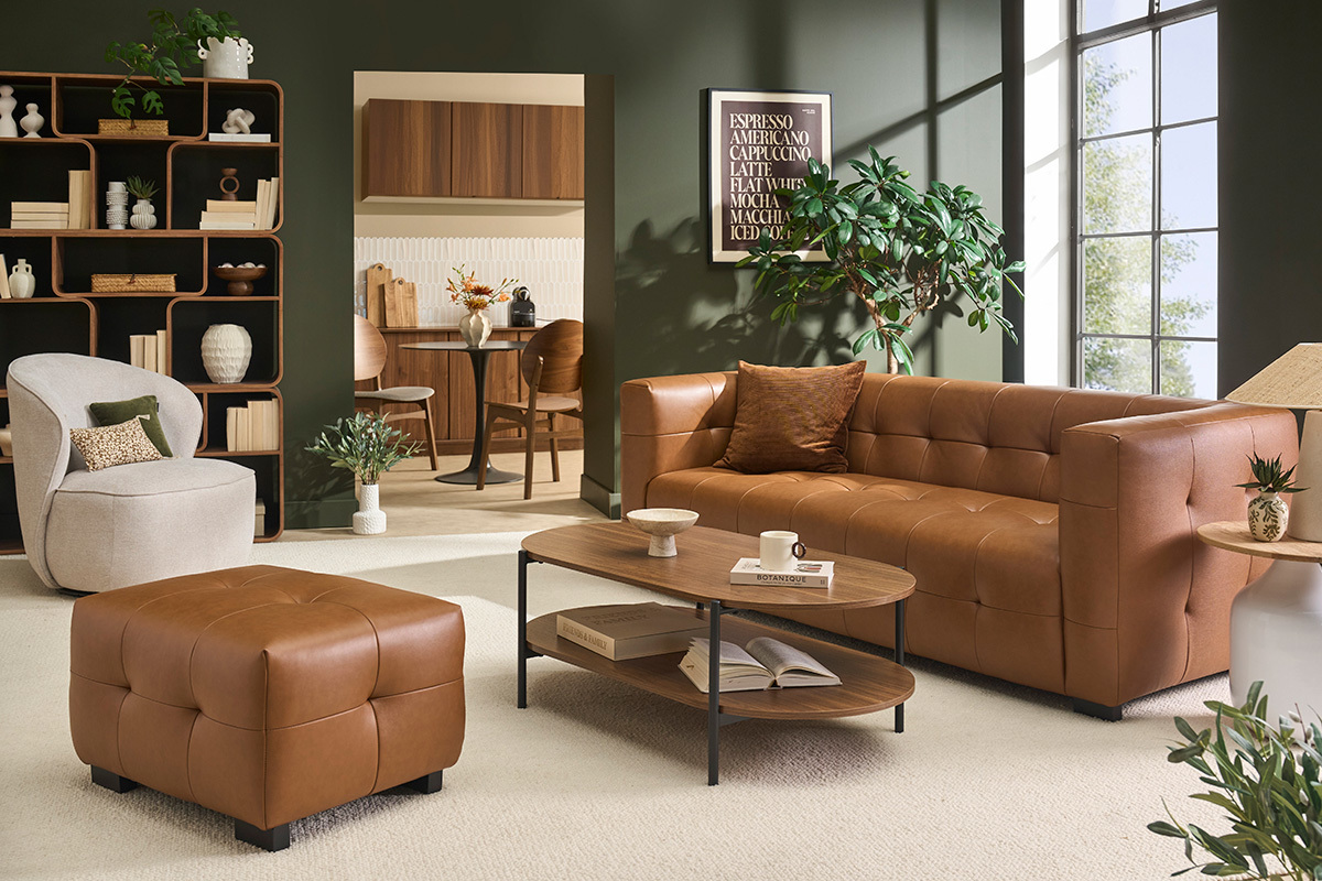 Designersofa 3-Sitzer und Leder-Fu�hocker in Braun CORTO