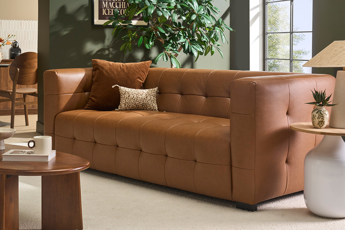 Designersofa 3-Sitzer und Leder-Fu�hocker in Braun CORTO