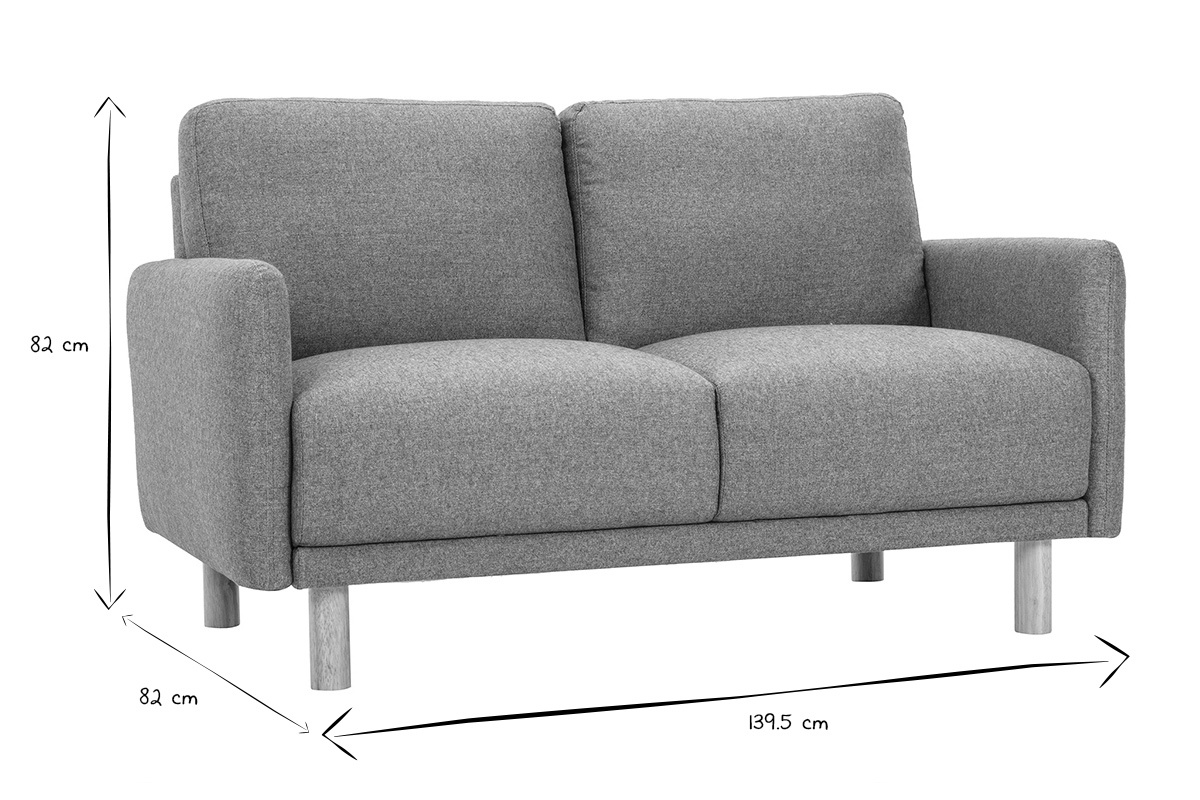 Sofa BONO 2-Sitzer, Ma�e 139,5x82x82 cm, graugr�ner Stoff, Holz, Frontansicht, schwarz-wei�.