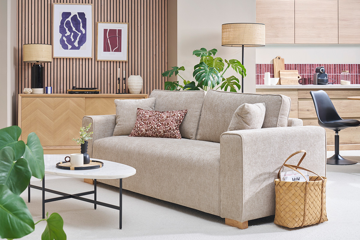 Designersofa f�r 3 Personen in texturiertem Samt-Effekt Stoff beige PEPPER