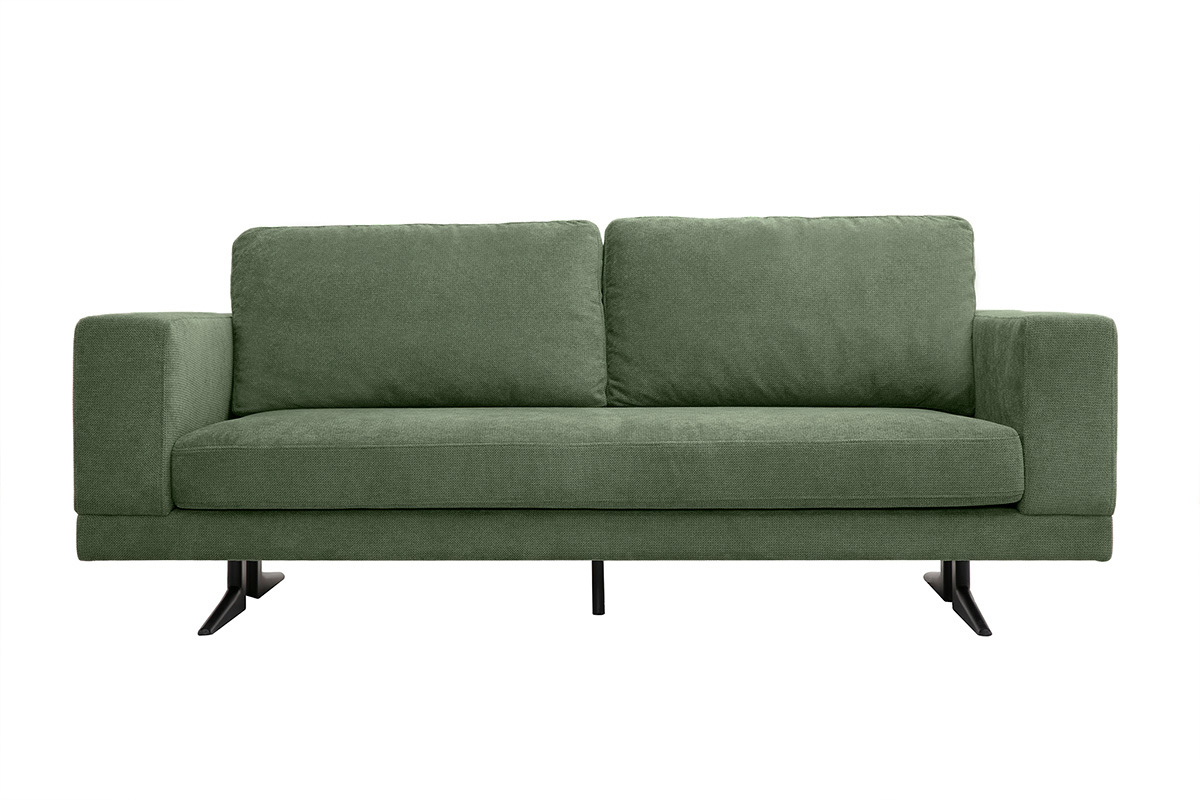 Designersofa mit 3 Sitzpltzen aus khakigrnem Chenille-Stoff und schwarzem Metall LENNON