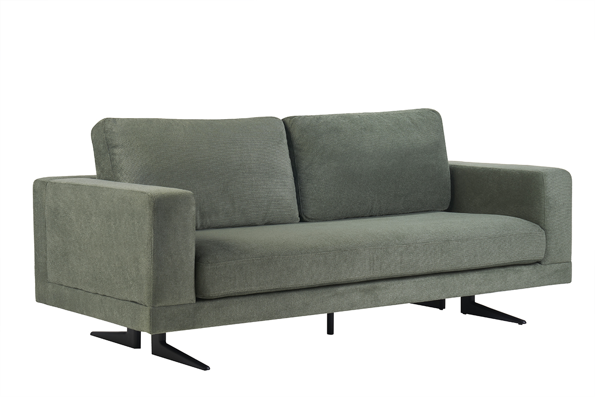 Designersofa mit 3 Sitzpltzen aus khakigrnem Chenille-Stoff und schwarzem Metall LENNON