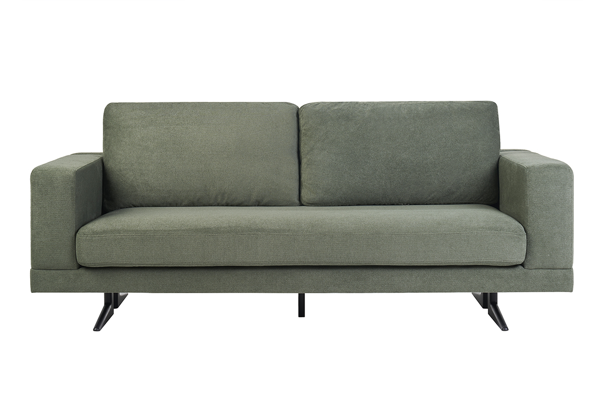 Designersofa mit 3 Sitzpltzen aus khakigrnem Chenille-Stoff und schwarzem Metall LENNON