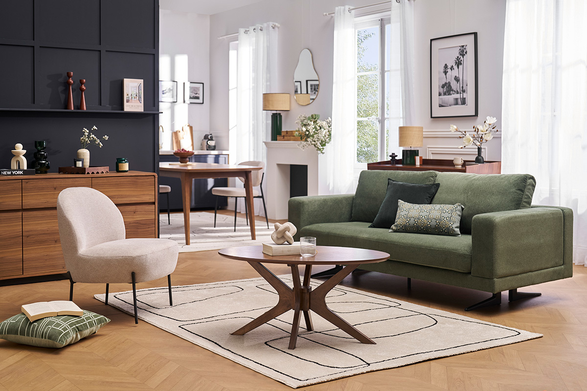 Designersofa mit 3 Sitzpltzen aus khakigrnem Chenille-Stoff und schwarzem Metall LENNON