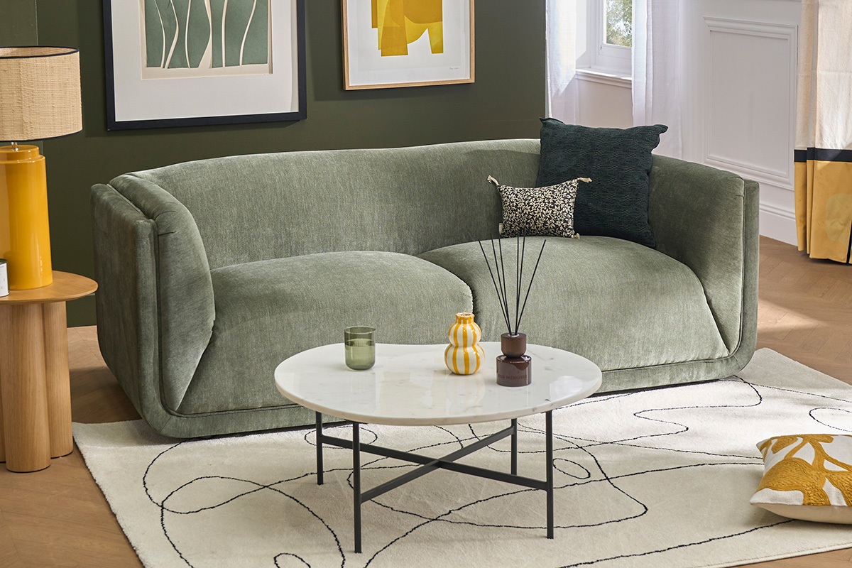 Designersofa mit 3 Sitzpl�tzen in Samteffekt Stoff khakigr�n HOSBO