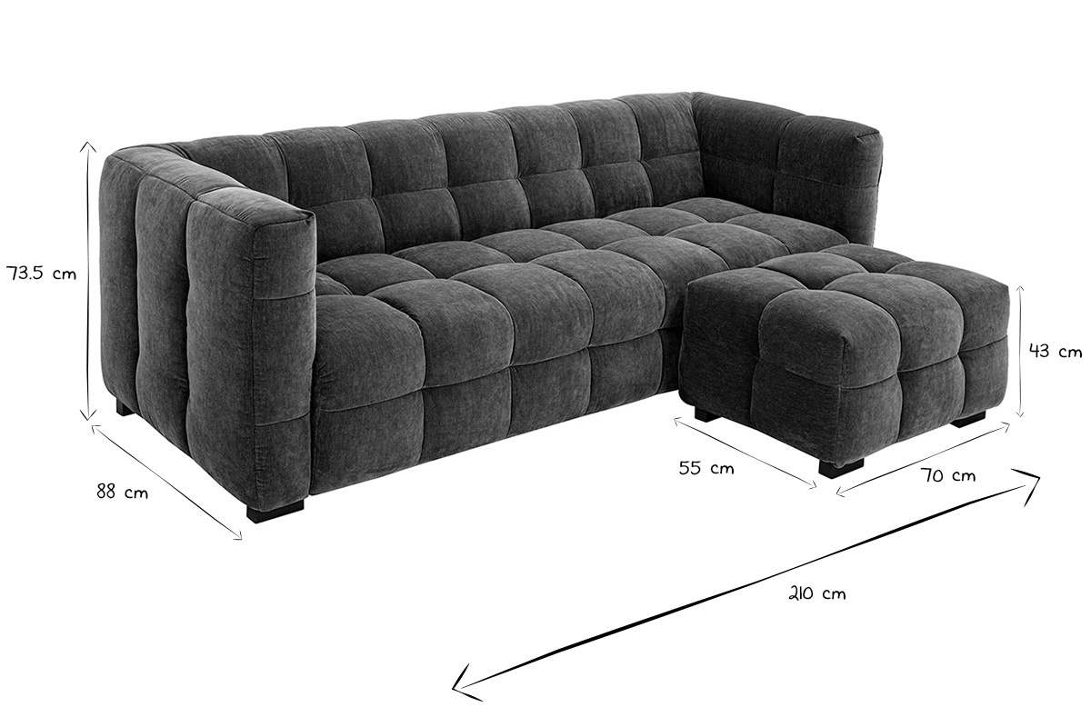 Designersofa mit 3 Sitzpltzen und Fuhocker aus Samt-Effekt-Stoff in Khaki CORTO