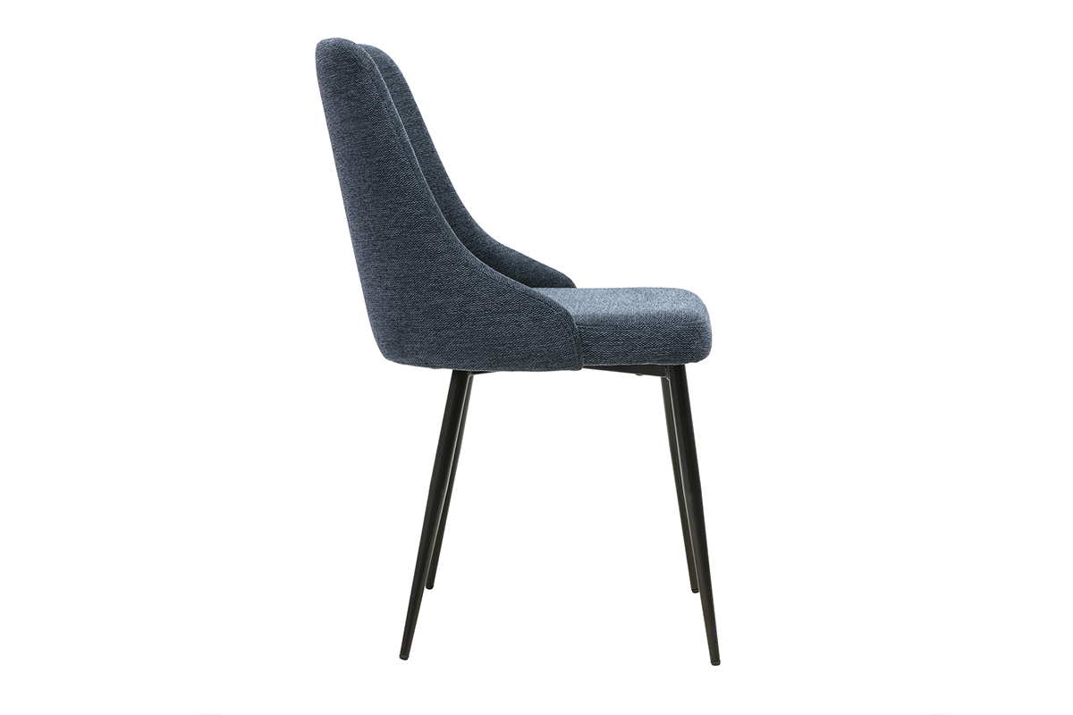 Designerstuhl aus dunkelblauem Stoff mit schwarzem Metallgestell, Seitenansicht