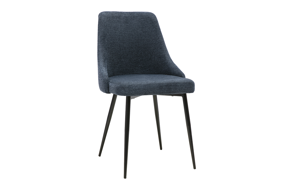 Designstuhl aus strukturiertem dunkelblauem Samtstoff mit schwarzem Metallgestell, 3/4-Ansicht