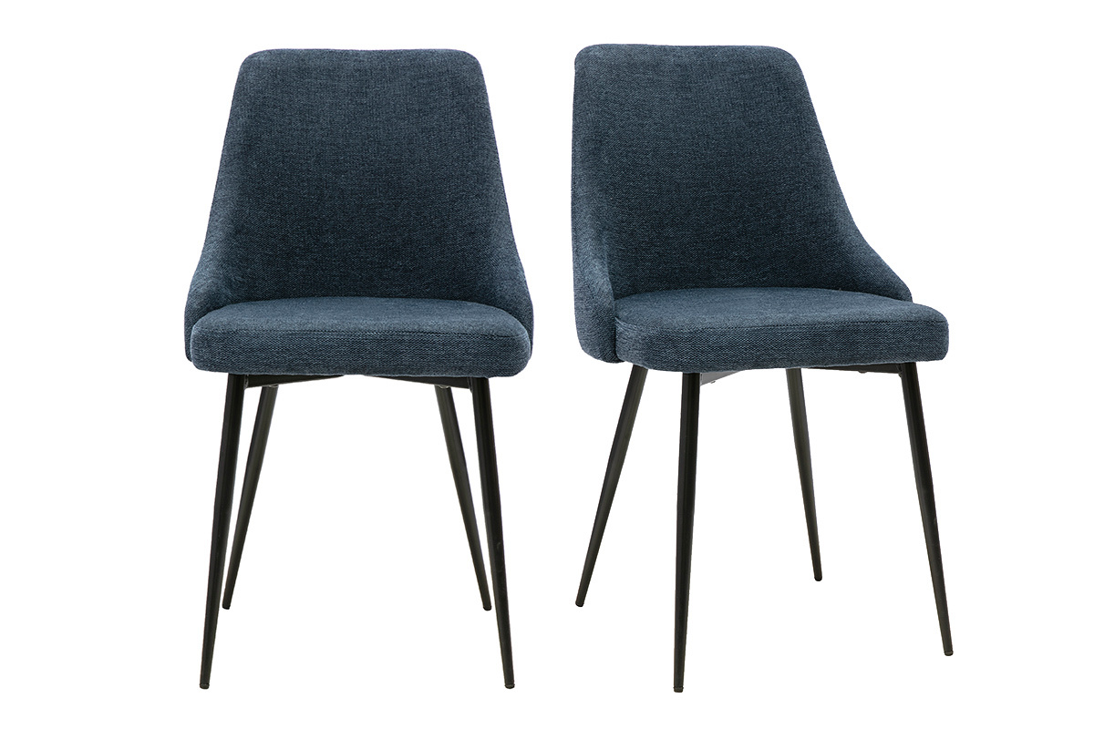 Set aus 2 Designst�hlen aus dunkelblauem Stoff und schwarzem Metall, Vorderansicht.
