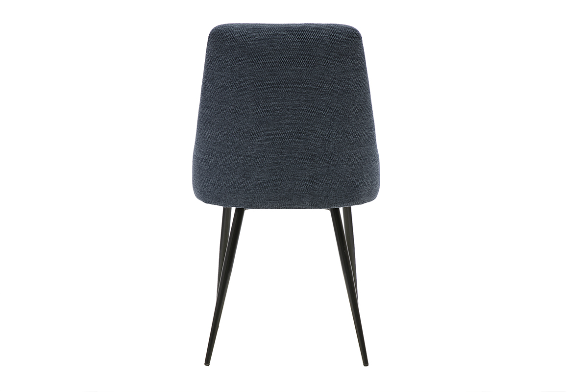 Designerstuhl aus strukturiertem dunkelblauem Samtstoff, R�ckansicht, schwarzes Metallgestell.