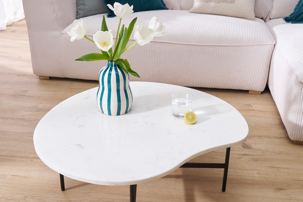 Designertisch aus weiem Marmor und schwarzem Metall L80 cm SASSO