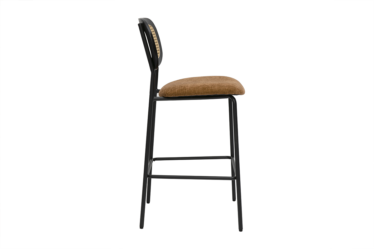 Designhocker aus Samtstoff in verbrannter Erde Effekt, schwarzem Metall und Rattan-Geflecht (Set aus 2) MIRANDA