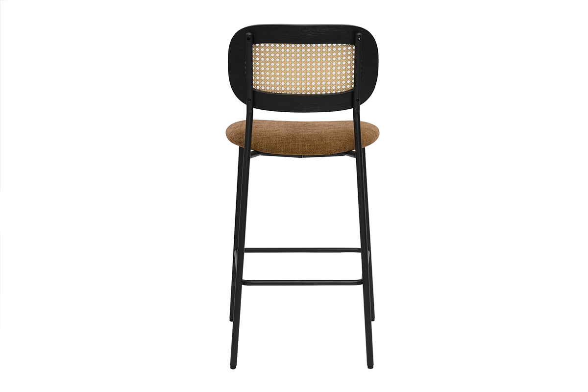 Designhocker aus Samtstoff in verbrannter Erde Effekt, schwarzem Metall und Rattan-Geflecht (Set aus 2) MIRANDA