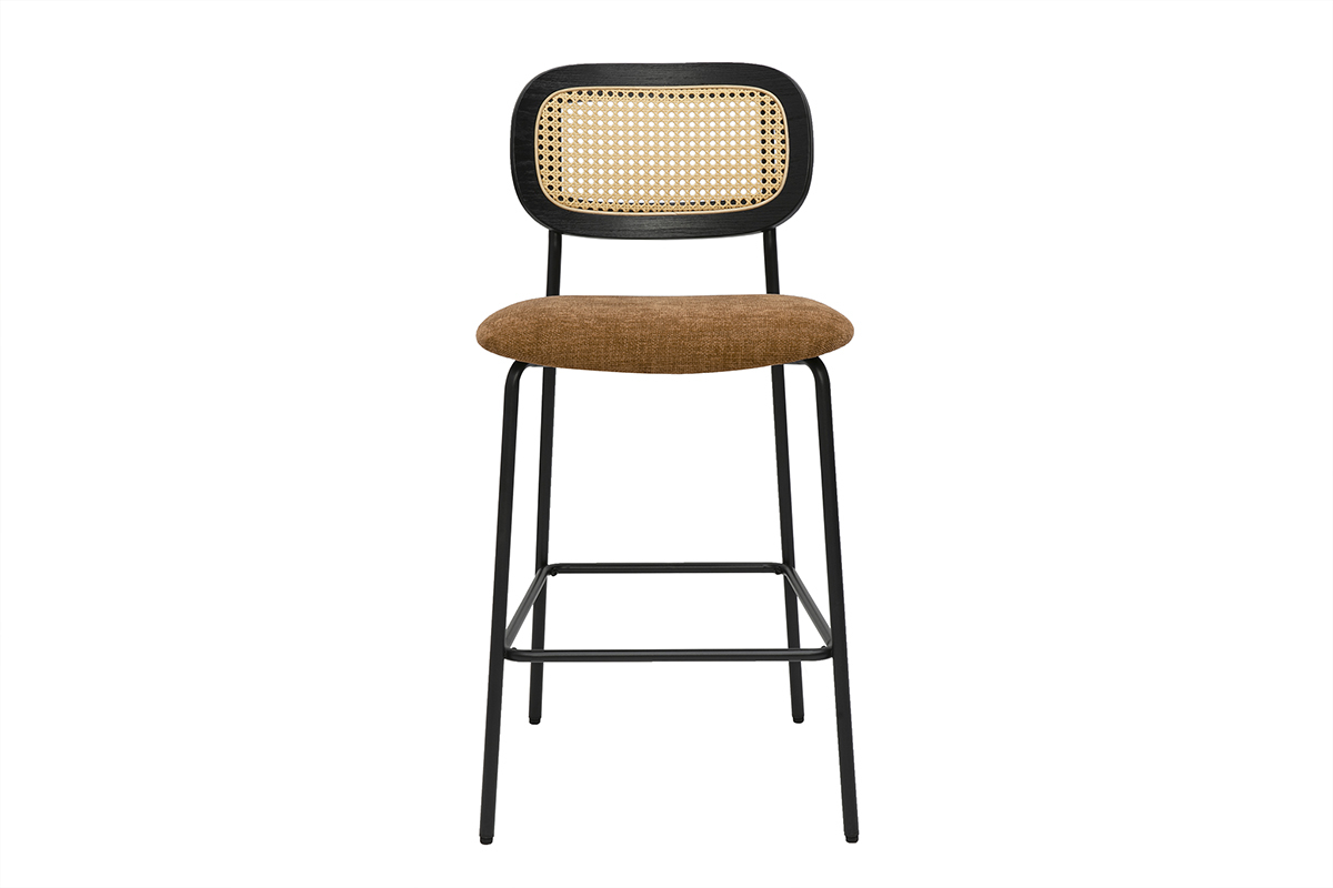 Designhocker aus Samtstoff in verbrannter Erde Effekt, schwarzem Metall und Rattan-Geflecht (Set aus 2) MIRANDA
