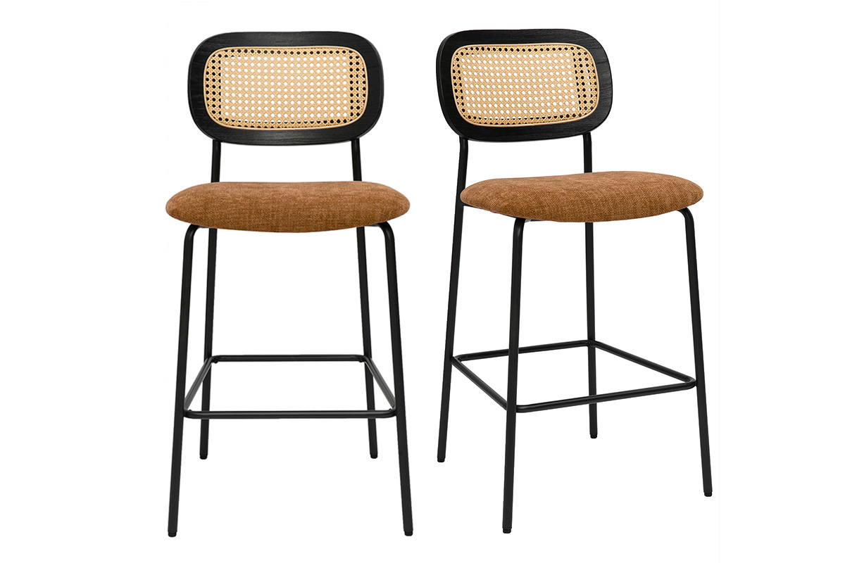 Designhocker aus Samtstoff in verbrannter Erde Effekt, schwarzem Metall und Rattan-Geflecht (Set aus 2) MIRANDA
