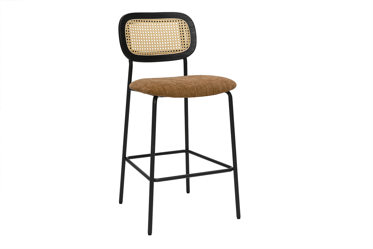 Designhocker aus Samtstoff in verbrannter Erde Effekt, schwarzem Metall und Rattan-Geflecht (Set aus 2) MIRANDA