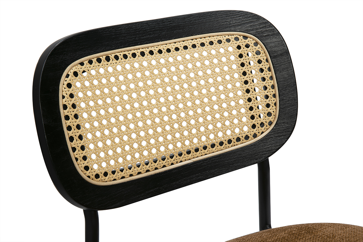 Designhocker aus Samtstoff in verbrannter Erde Effekt, schwarzem Metall und Rattan-Geflecht (Set aus 2) MIRANDA