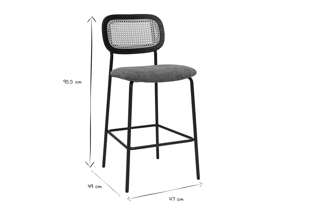 Designhocker aus Samtstoff in verbrannter Erde Effekt, schwarzem Metall und Rattan-Geflecht (Set aus 2) MIRANDA