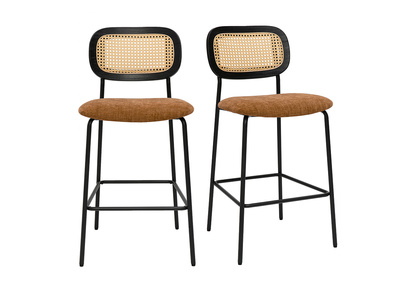 Designhocker aus Samtstoff in verbrannter Erde Effekt, schwarzem Metall und Rattan-Geflecht (Set aus 2) MIRANDA