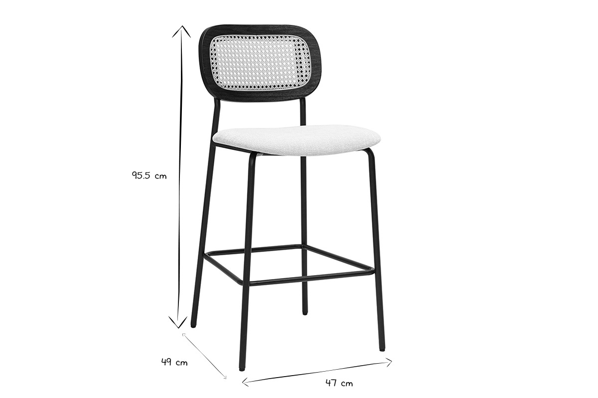Designhocker aus Stoff in beige Samtoptik, schwarzem Metall und Rattan-Cannage (2er Set) MIRANDA