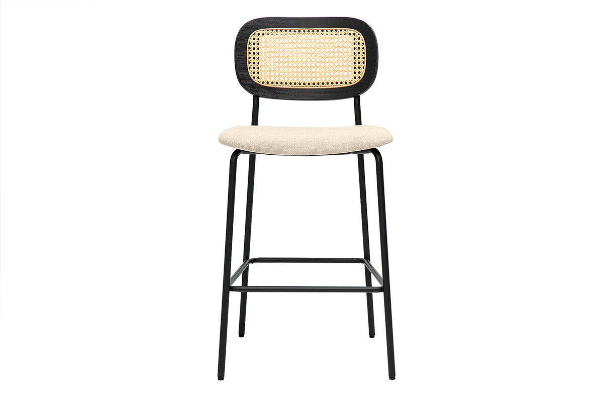 Designhocker aus Stoff in beige Samtoptik, schwarzem Metall und Rattan-Cannage (2er Set) MIRANDA