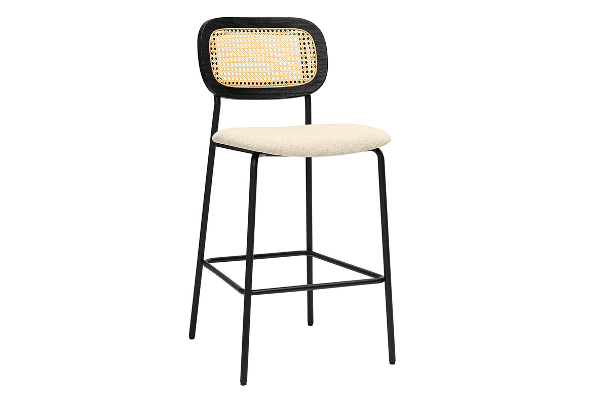Designhocker aus Stoff in beige Samtoptik, schwarzem Metall und Rattan-Cannage (2er Set) MIRANDA