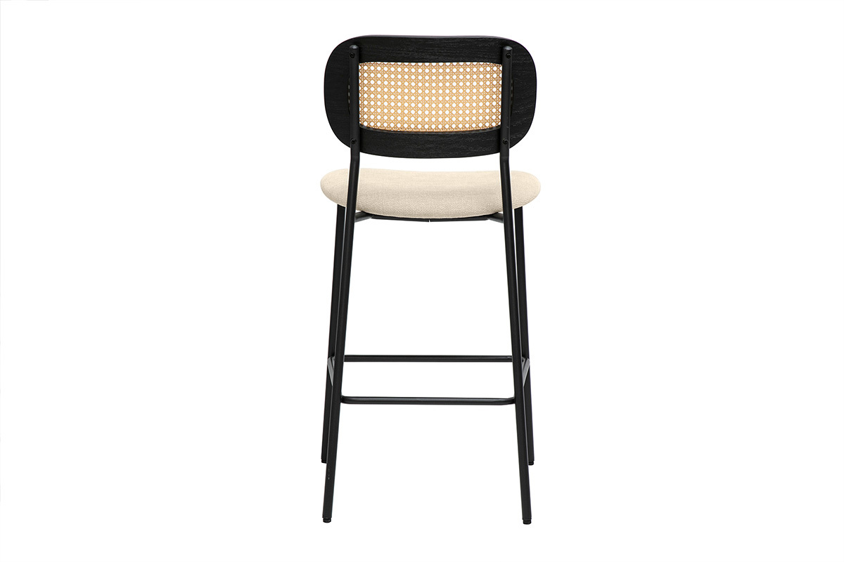 Designhocker aus Stoff in beige Samtoptik, schwarzem Metall und Rattan-Cannage (2er Set) MIRANDA